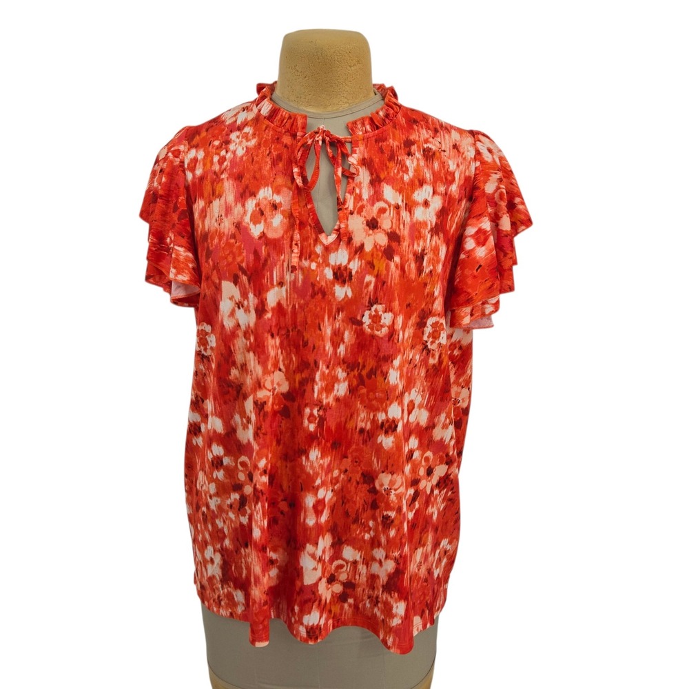 Sunny Leigh Blouse 2X Orange Red Floral Flutter Sleeve Keyhole Neck Colorful
